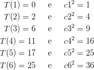                     2
 T (1) = 0   e    c1 =  1
 T (2) = 2   e    c22 = 4
                    2
 T (3) = 6   e    c3 =  9
T (4) = 11   e    c42 = 16
                    2
T (5) = 17   e    c5 =  25
T (6) = 25   e    c62 = 36
