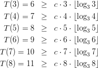  T (3 ) = 6 ≥   c ⋅ 3 ⋅ ⌊log 3⌋
                        3
 T (4 ) = 7 ≥   c ⋅ 4 ⋅ ⌊log3 4⌋
 T (5 ) = 8 ≥   c ⋅ 5 ⋅ ⌊log 5⌋
                        3
 T (6 ) = 9 ≥   c ⋅ 6 ⋅ ⌊log3 6⌋
T(7) = 10  ≥   c ⋅ 7 ⋅ ⌊log3 7⌋

T(8) = 11  ≥   c ⋅ 8 ⋅ ⌊log3 8⌋
